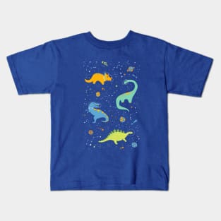 Astronaut Dinosaurs on Blue Kids T-Shirt